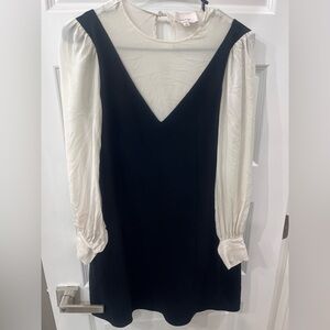 cinq a sept Black One-Shoulder Dress with White Blouson Sleeves